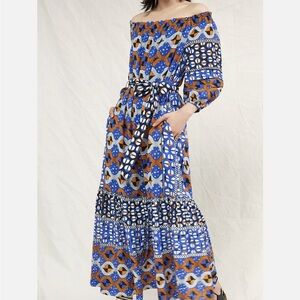 Anthropologie Blue and Orange Ruffled Tiered Sundress